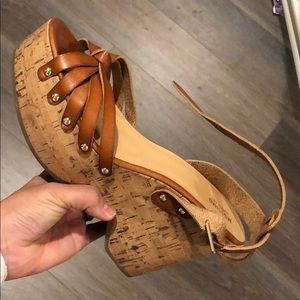 Cognac wedge sandal with gold buttons size 8.5